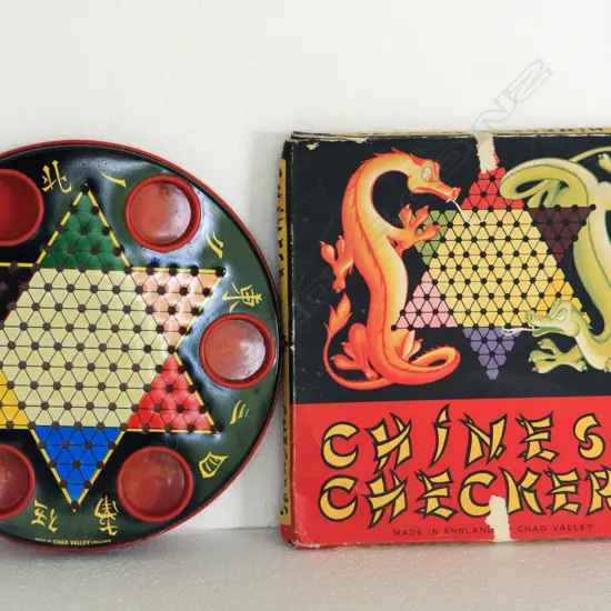 ‘Chinese Checkers’ boxed tinplate circular game board with coloured composition marbles