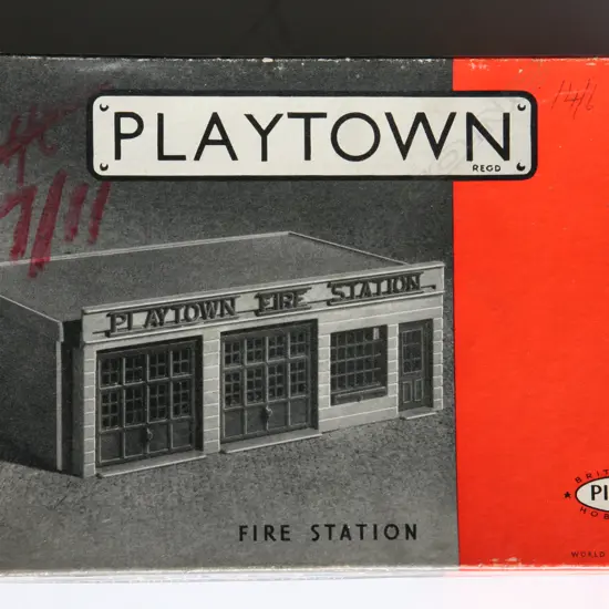 ‘Playtown’ plastic fire station construction kit by Playcraft Toys