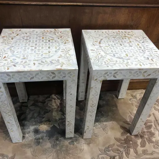 A pair of decorative mother of pearl inlaid parquetry occasional tables