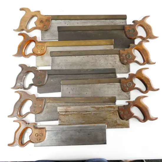 Nine various tenon saws