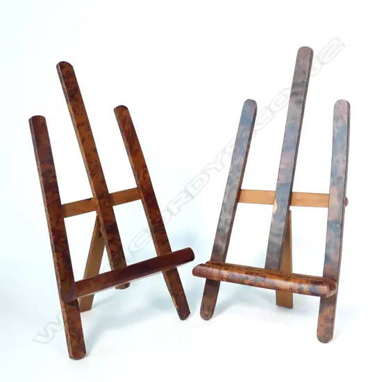 A pair of tabletop burr timber easels