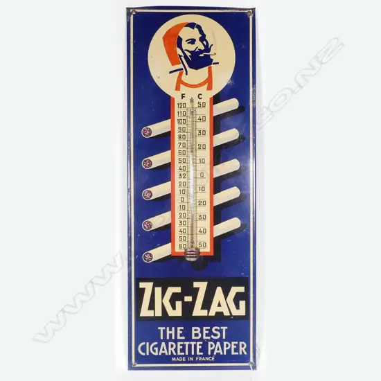 A vintage 'Zig-Zag The Best Cigarette Paper' painted tinplate advertising thermometer