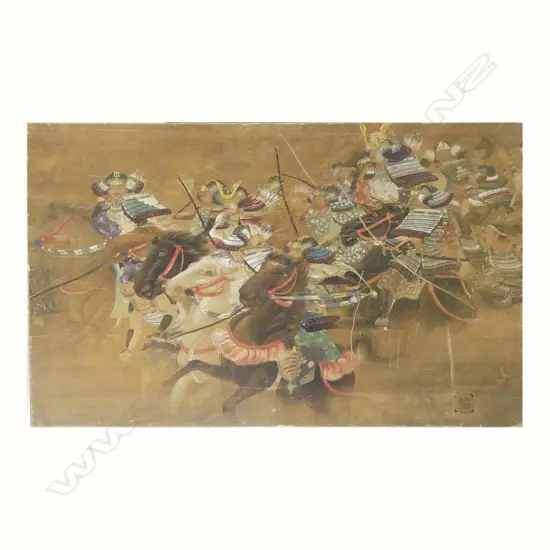 A 19thC Japanese watercolour of seven equestrian samurai archers