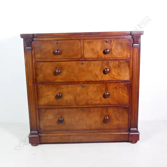 A William IV flame mahogany five drawer flat-front chest