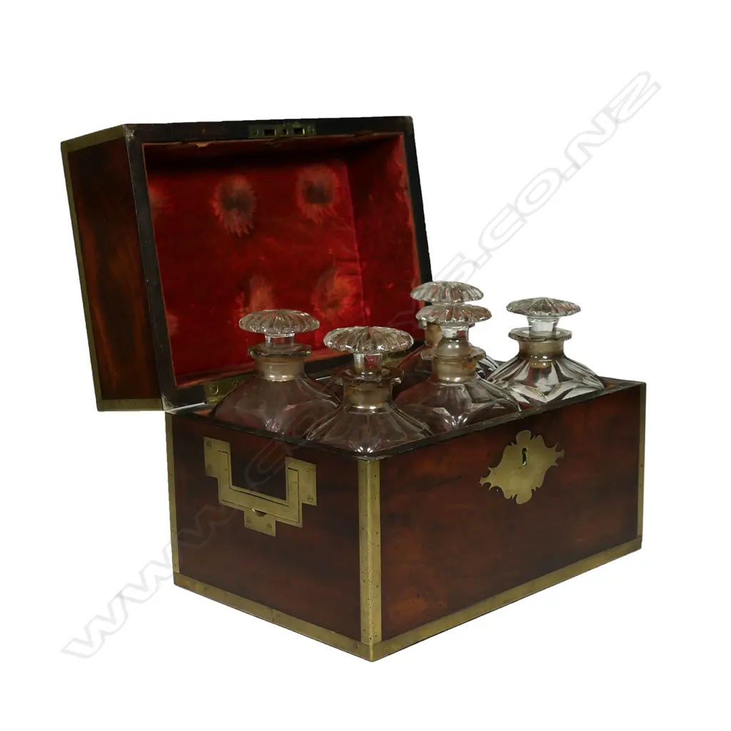 A George III flame mahogany and brass inlay campaign type tantalus, Image 1++