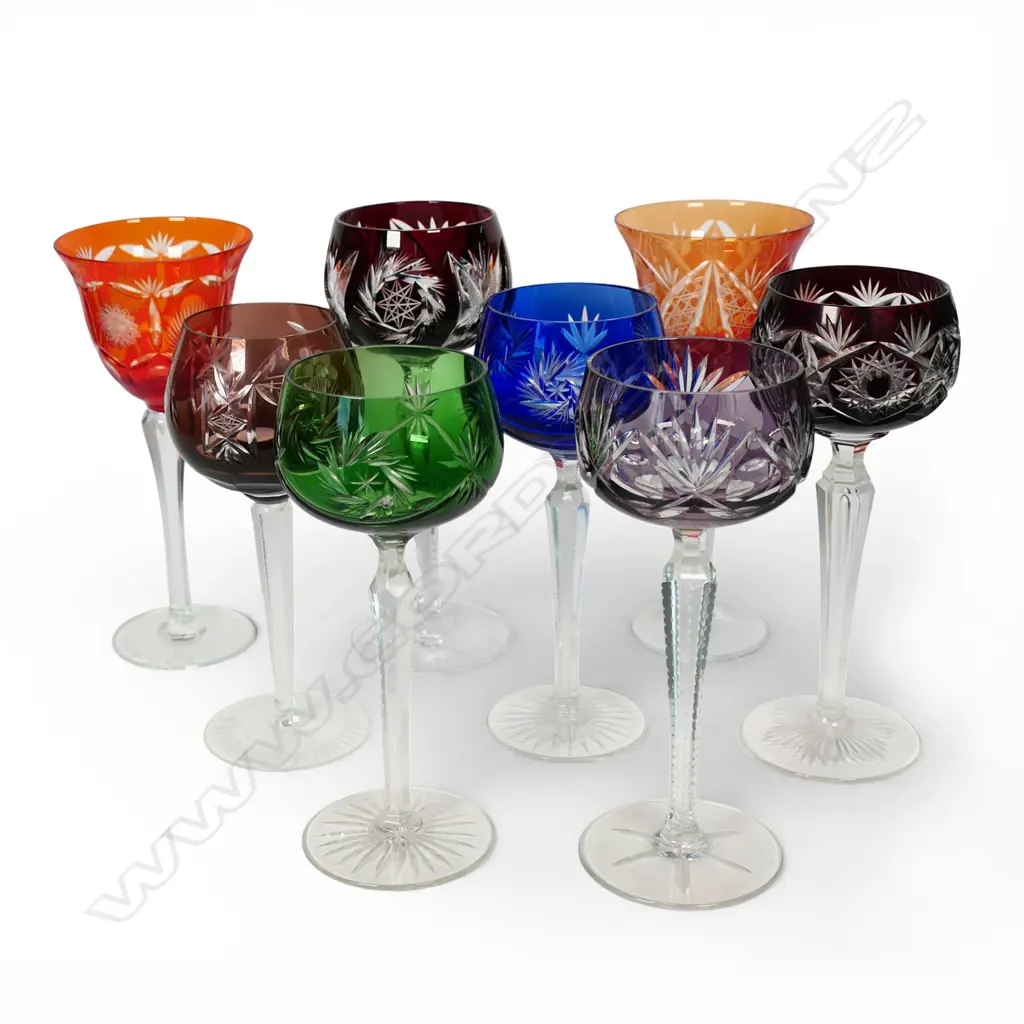 A harlequin set of eight Bohemian long stemmed wine glasses, Image 1++