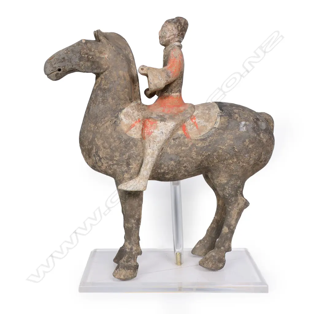 A reputedly Han Dynasty pottery horse and rider, Image 1++
