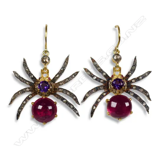 A pair of antique style silver gilt diamond and gemstone spider earrings,