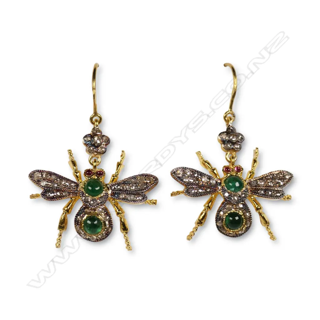 A pair of antique style silver gilt diamond and emerald insect earrings, Image 1++