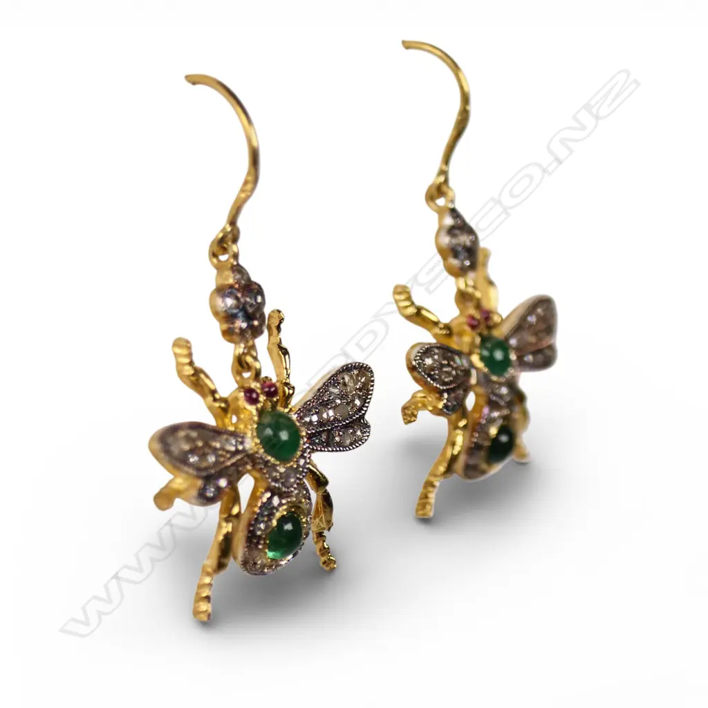A pair of antique style silver gilt diamond and emerald insect earrings, Image 1++