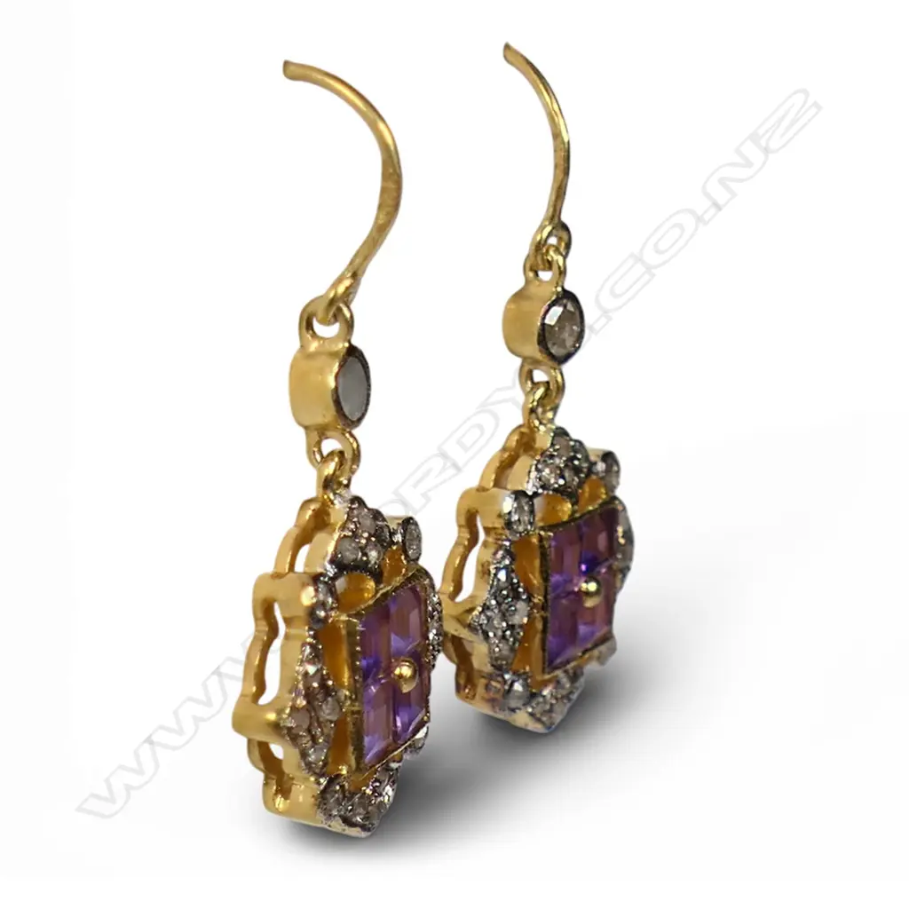 A pair of antique style silver gilt diamond and amethyst earrings, Image 1++