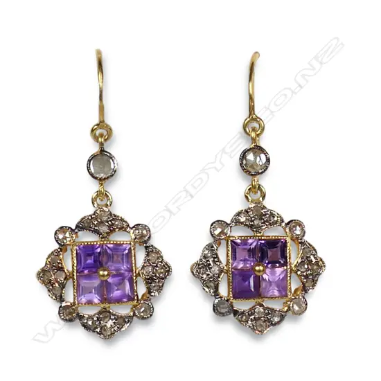 A pair of antique style silver gilt diamond and amethyst earrings,