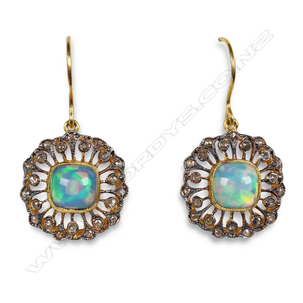 A pair of antique style silver gilt diamond and opal earrings, Image 1++