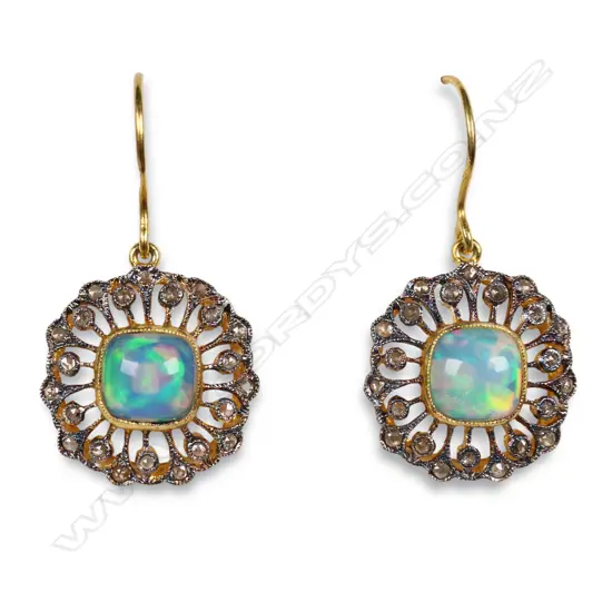 A pair of antique style silver gilt diamond and opal earrings,