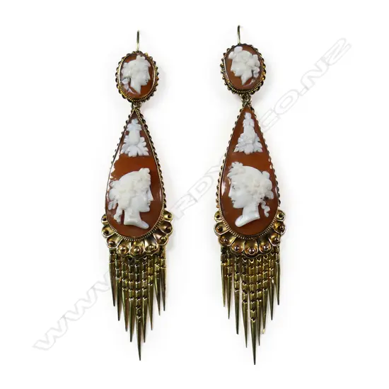 A pair of Victorian 9ct gold and cameo drop and tassel earrings,