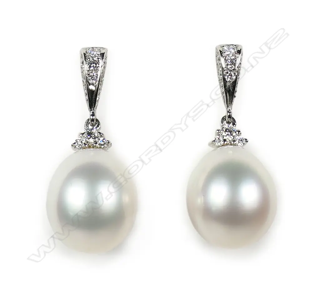 A pair of platinum South Sea cultured pearl and diamond drop earrings, Image 1++