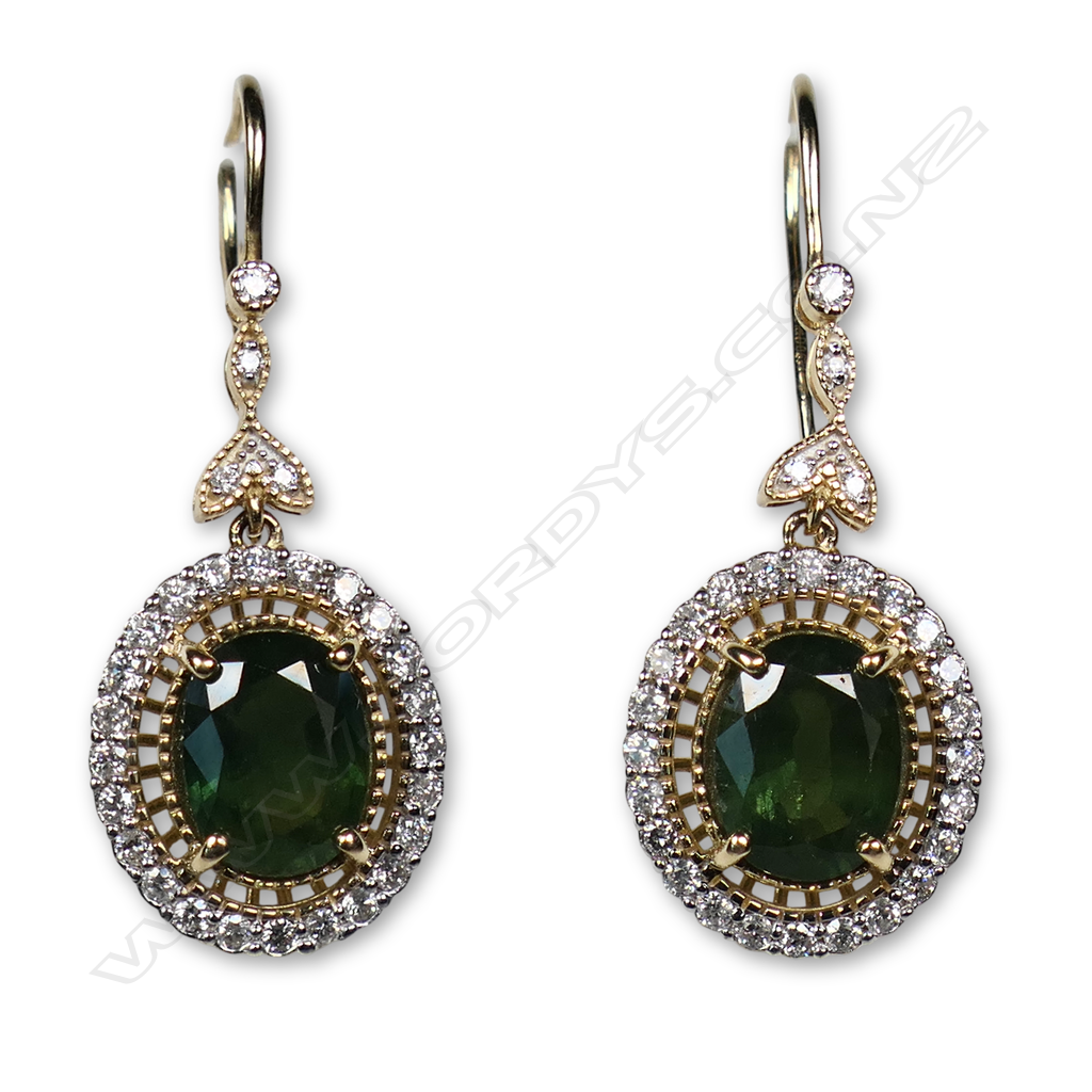 A pair of 14ct gold green sapphire and diamond vintage style earrings, Image 1++