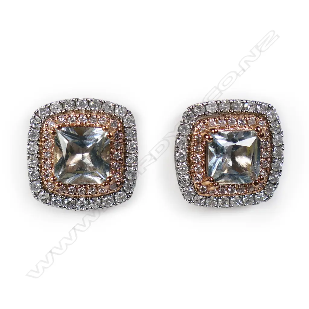 A pair of 14ct white and rose gold aquamarine and diamond stud earrings, Image 1++