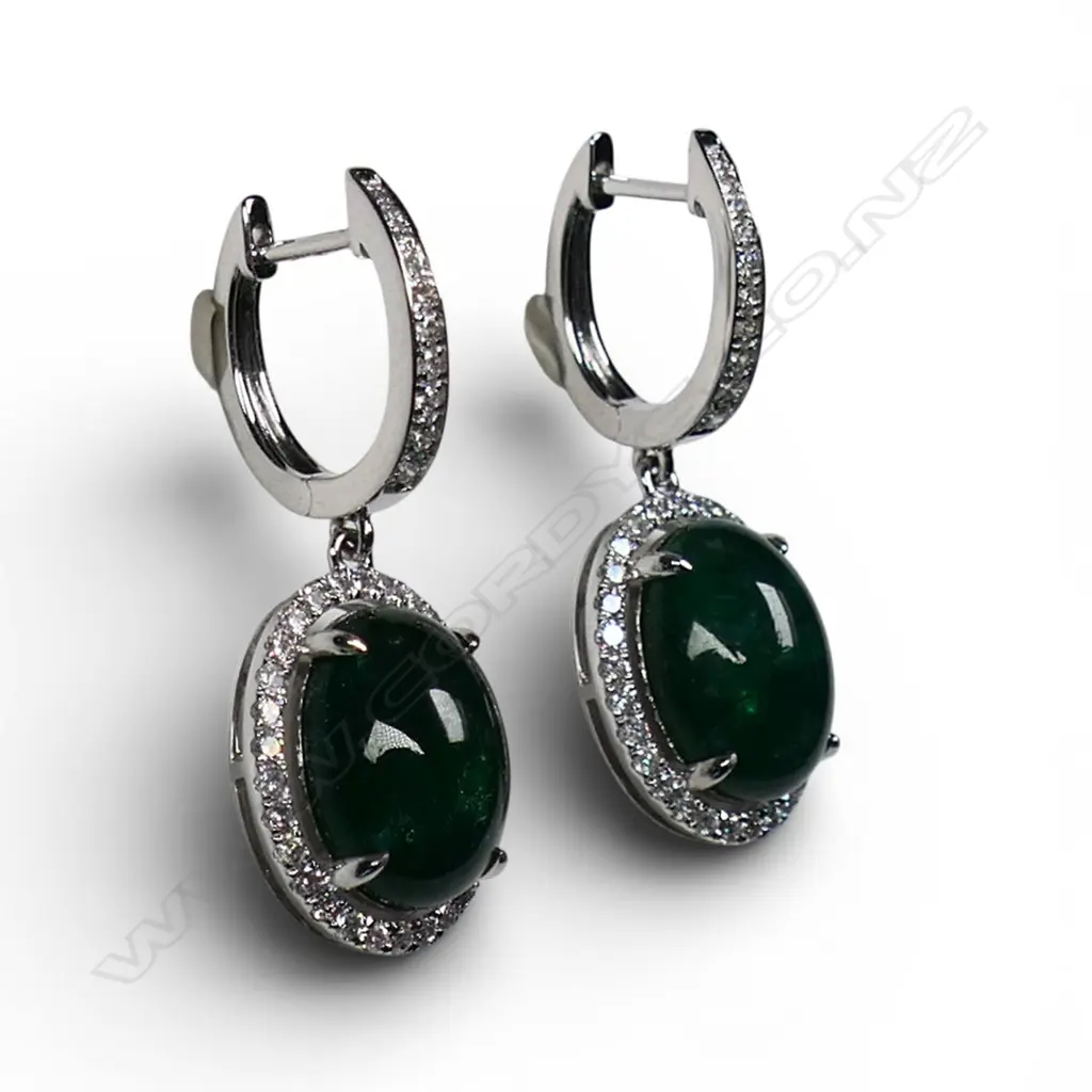 A pair of 18ct white gold diamond and emerald earrings, Image 1++