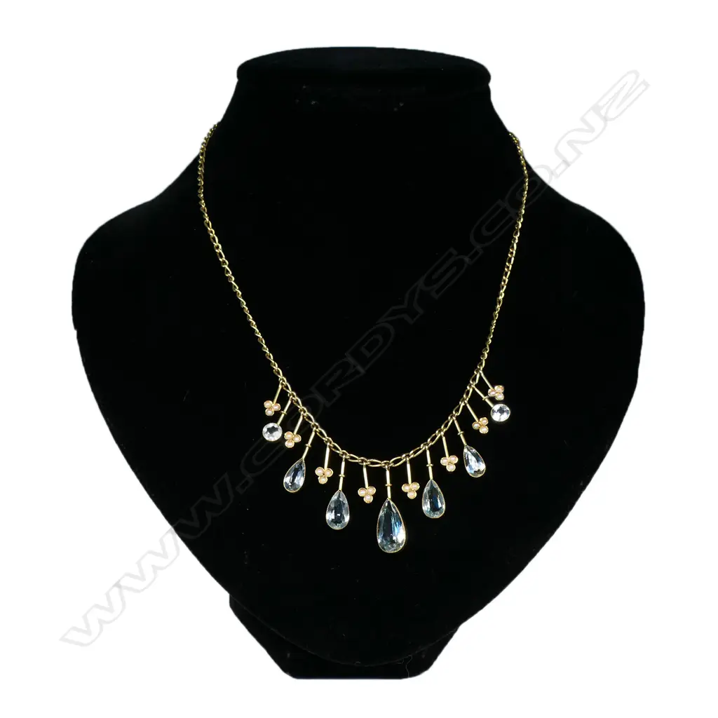 A vintage 9ct gold aquamarine and seed pearl necklace, Image 1++