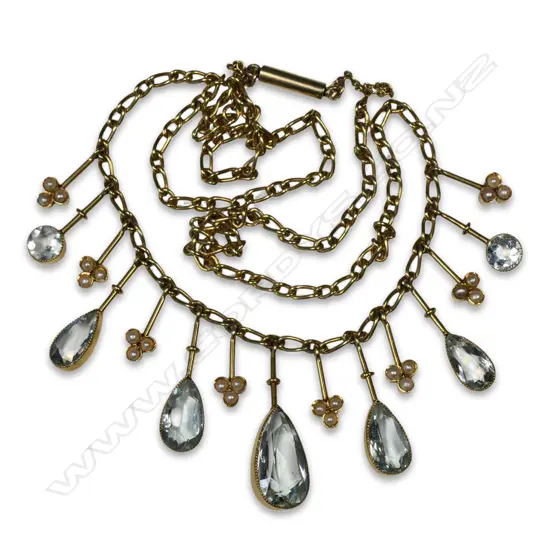 A vintage 9ct gold aquamarine and seed pearl necklace,