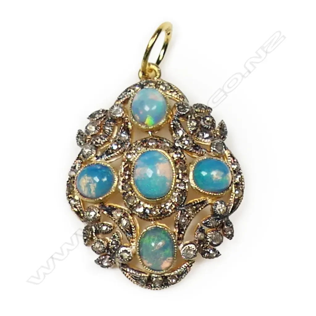An antique style silver gilt diamond and opal pendant, Image 1++