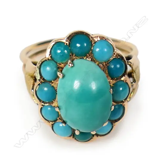 A large vintage 14ct gold and turquoise cluster ring,