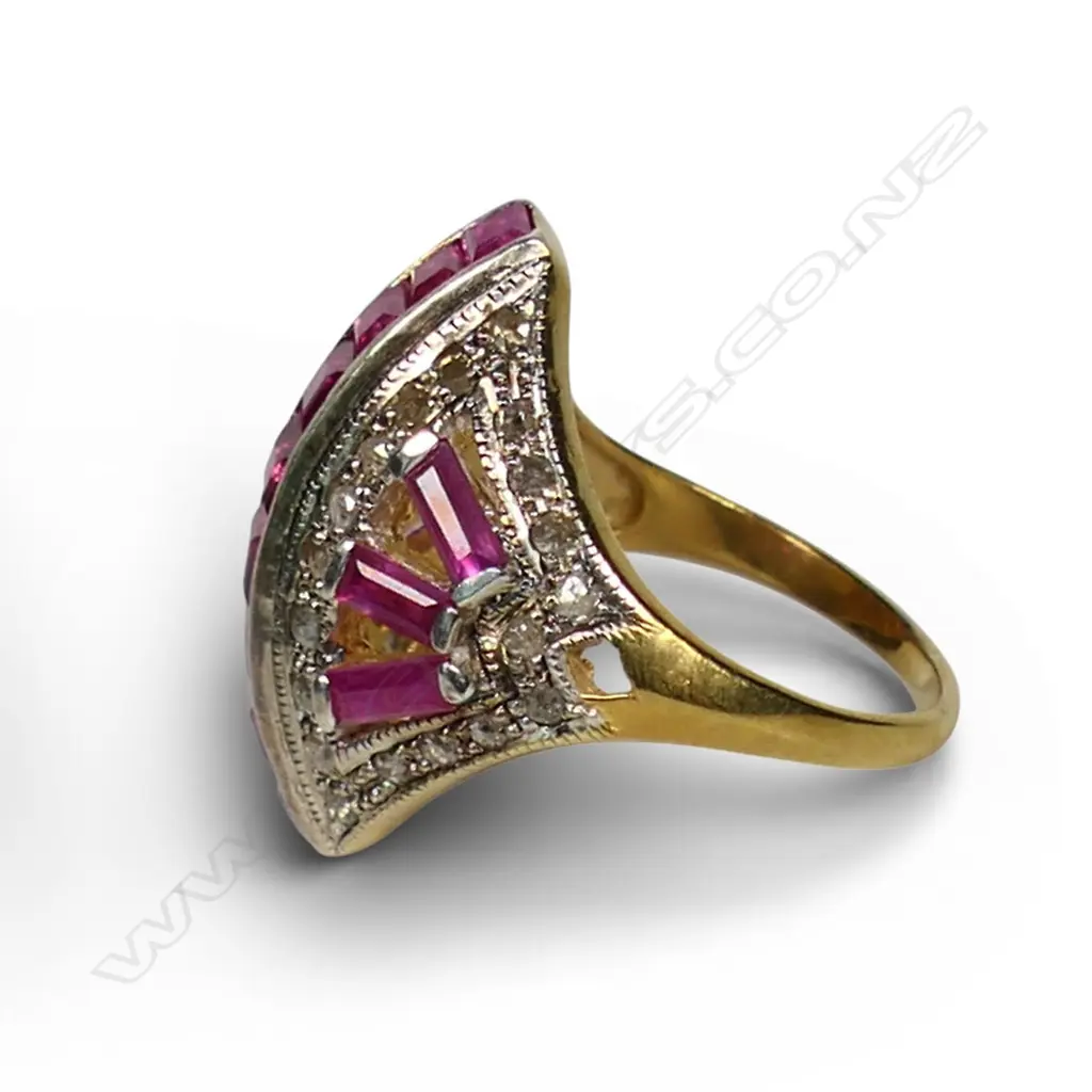 A silver gilt diamond and ruby Art Deco style ring, Image 1++