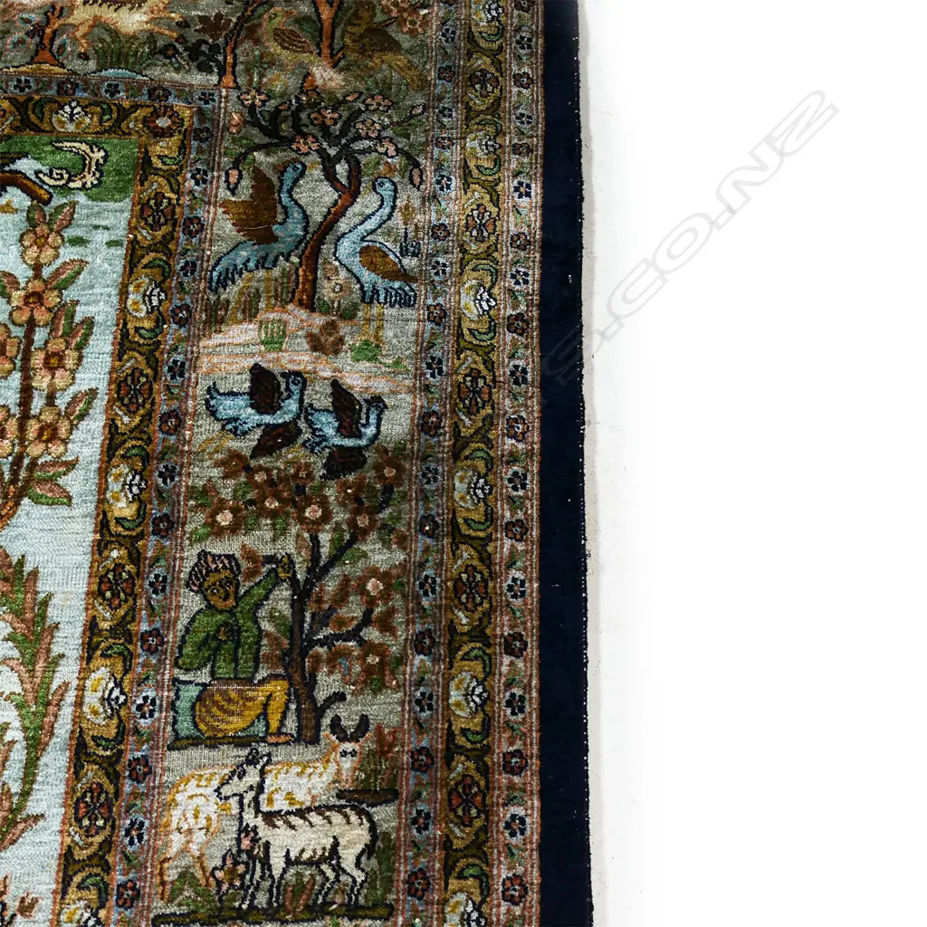 A hand-knotted Kashmir pictorial silk rug, Image 1++