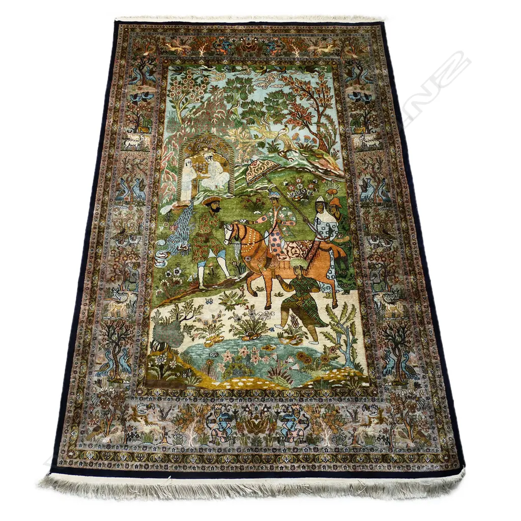 A hand-knotted Kashmir pictorial silk rug, Image 1++