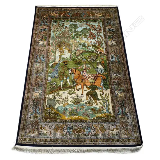 A hand-knotted Kashmir pictorial silk rug,