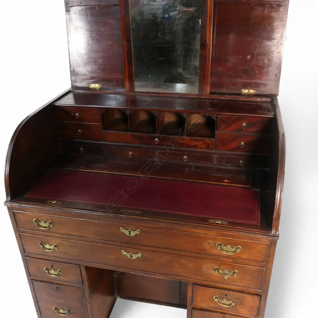 A rare 19thC mahogany drum front pedestal bureau, Image 1++