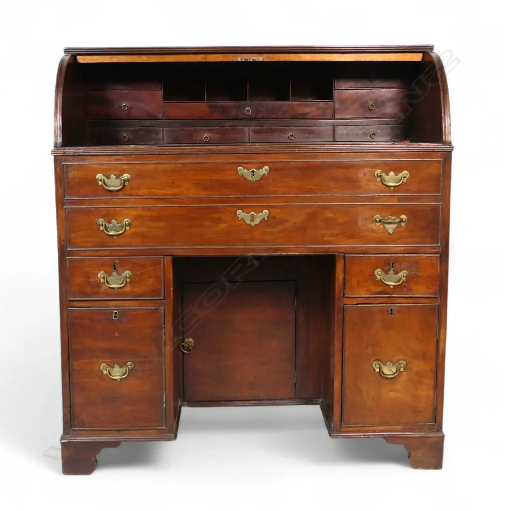 A rare 19thC mahogany drum front pedestal bureau, Image 1++