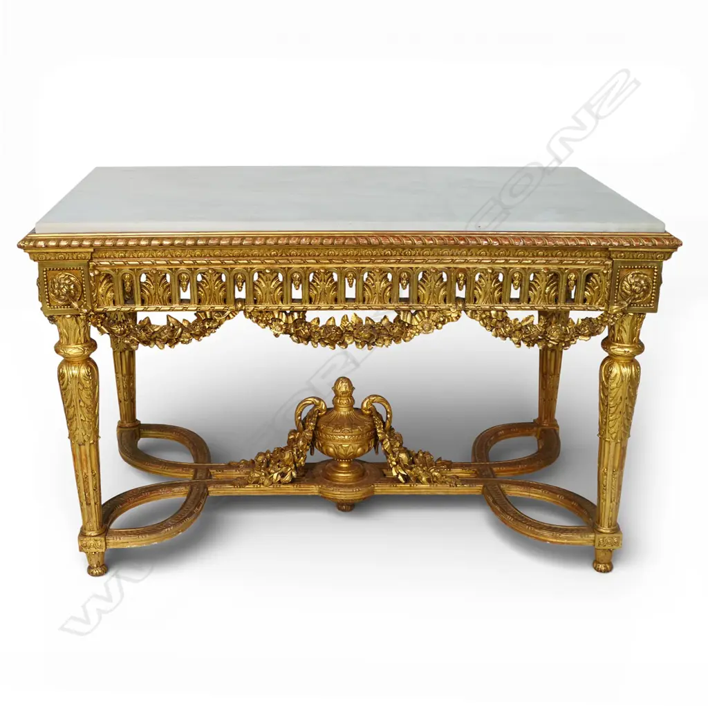 A quality 19thC French Louis XVI style gilt wood and marble console table, Image 1++