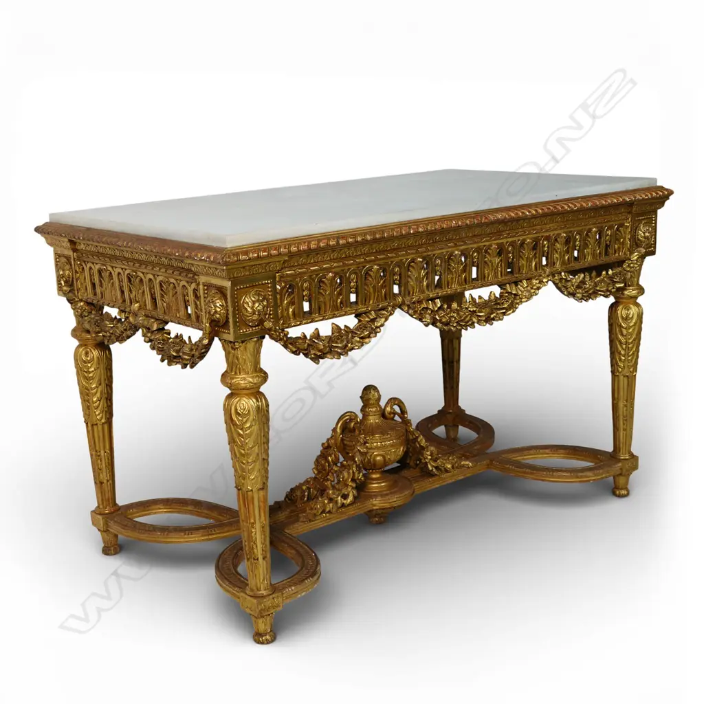 A quality 19thC French Louis XVI style gilt wood and marble console table, Image 1++