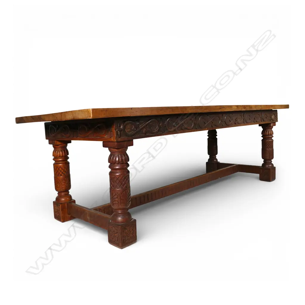 A large solid antique oak Elizabethan style refectory dining table, Image 1++