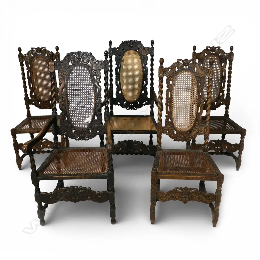 A harlequin five set of 19thC Charles II style chairs, Image 1++