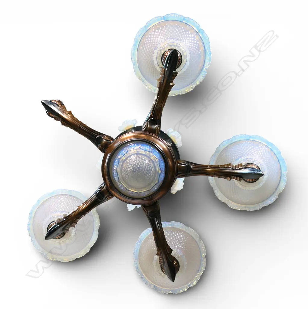 A 1920's copper and opalescent glass chandelier, Image 1++