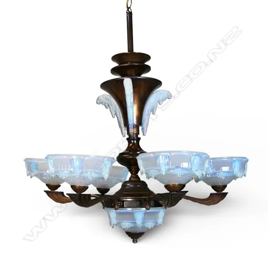 A 1920's copper and opalescent glass chandelier,