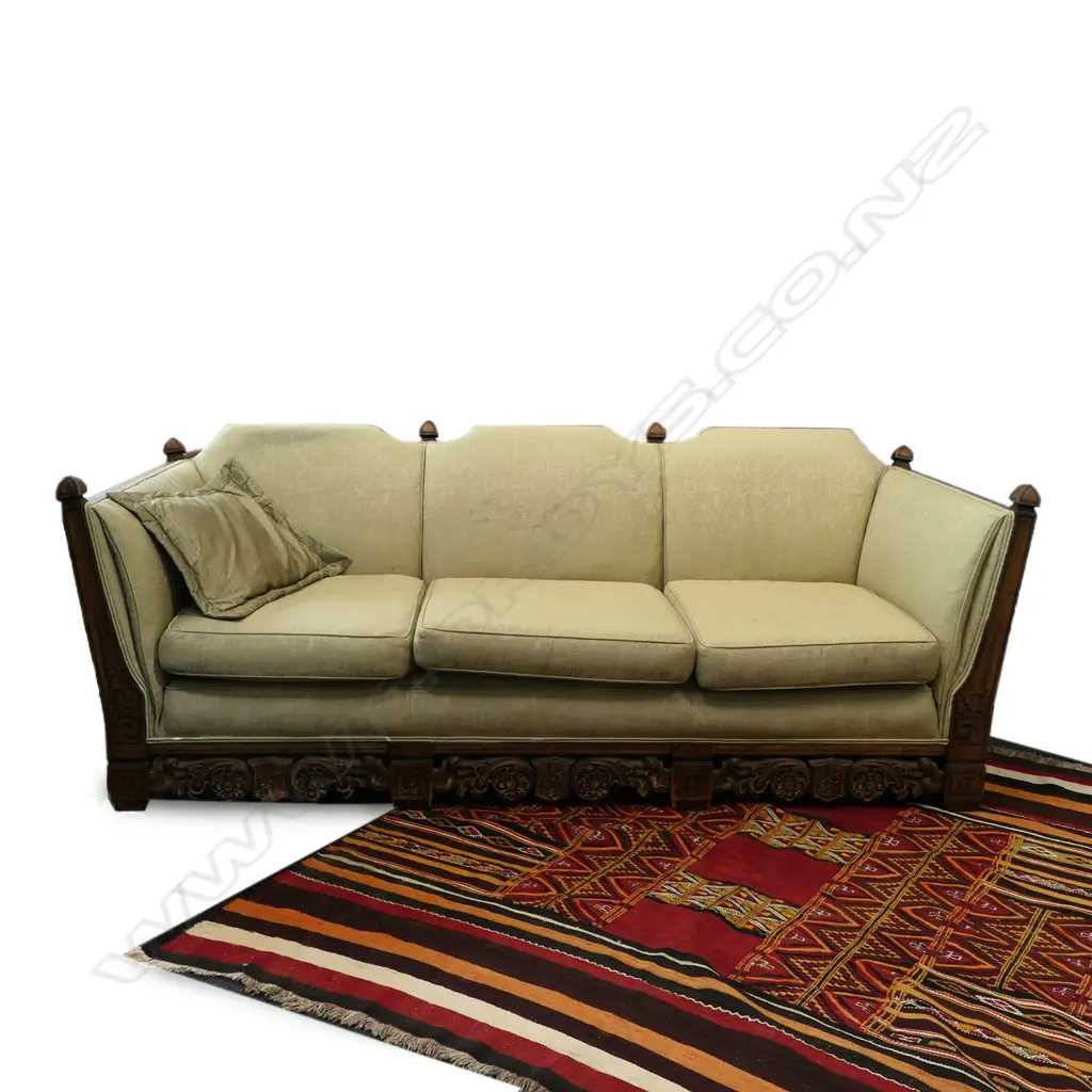 C.1900 UPHOLSTERED 3-4 SEATER SOFA, TUDOR STYLE W.2180mm Image 1++