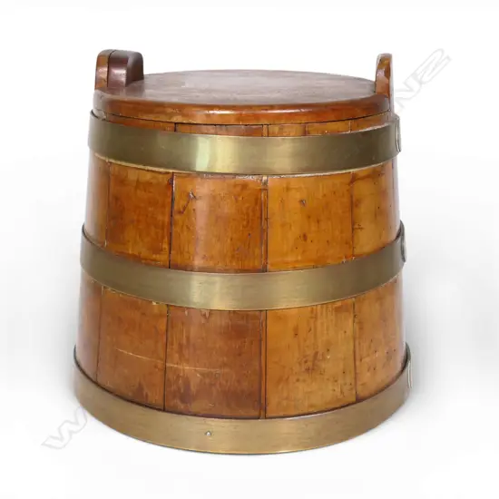 A 19thC. New Zealand colonial kauri and brass coopered lidded bucket,