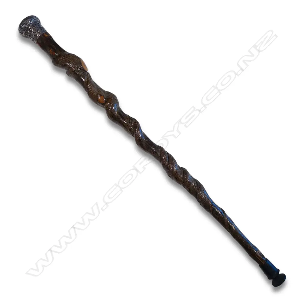 An early 20thC large silver topped twisted vine walking stick, Image 1++