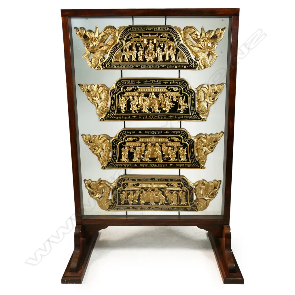 A Chinese set of four carved and gilt panels framed as a room screen, Image 1++