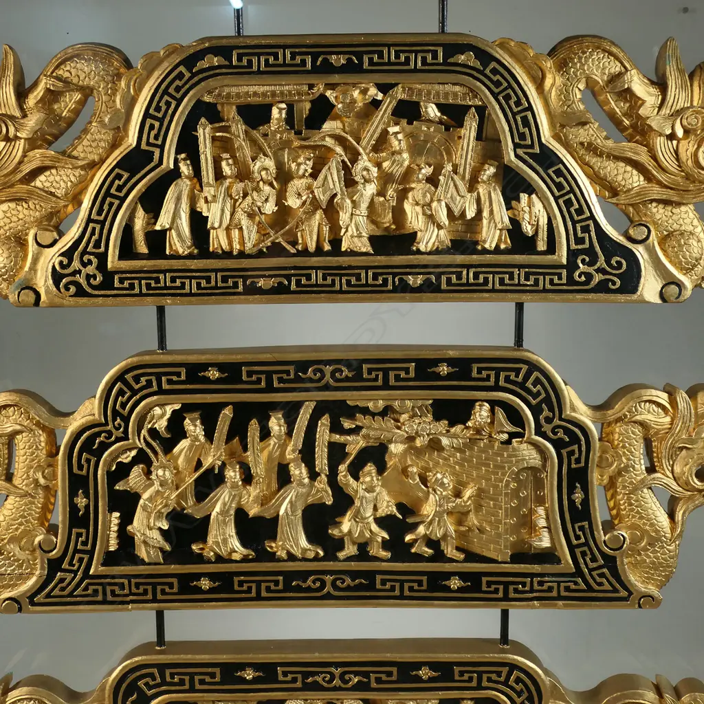 A Chinese set of four carved and gilt panels framed as a room screen, Image 1++