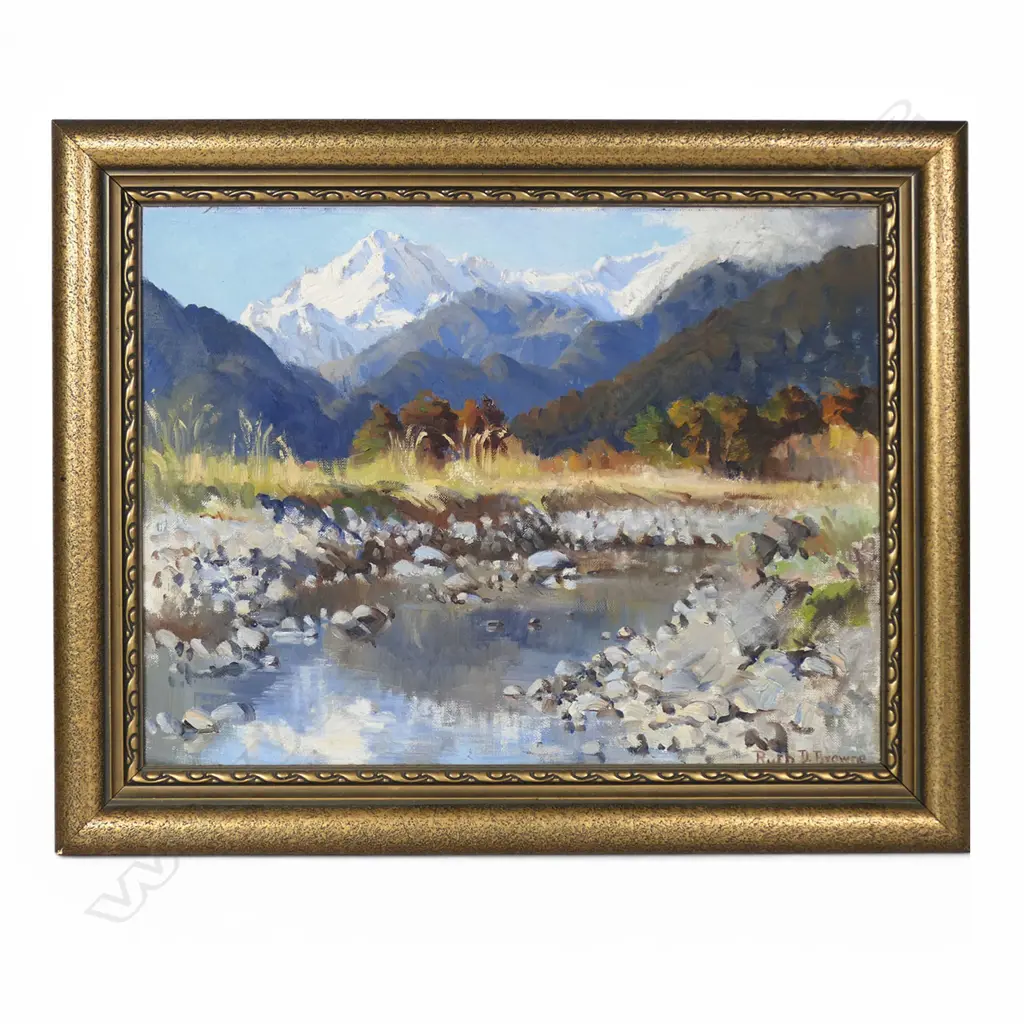 Ruth D. Browne (NZ 1905-2002) Mountain and River Landscape, Image 1++
