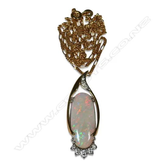 An 18ct gold opal and diamond pendant necklace,