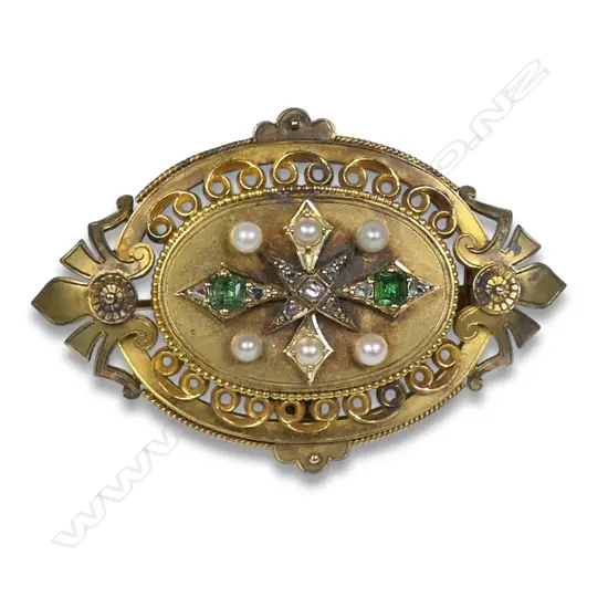 A Victorian 18ct gold diamond and emerald mourning brooch,