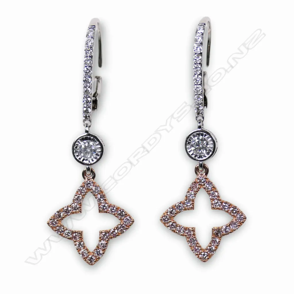 A pair of 14ct white and rose gold diamond drop earrings, Image 1++
