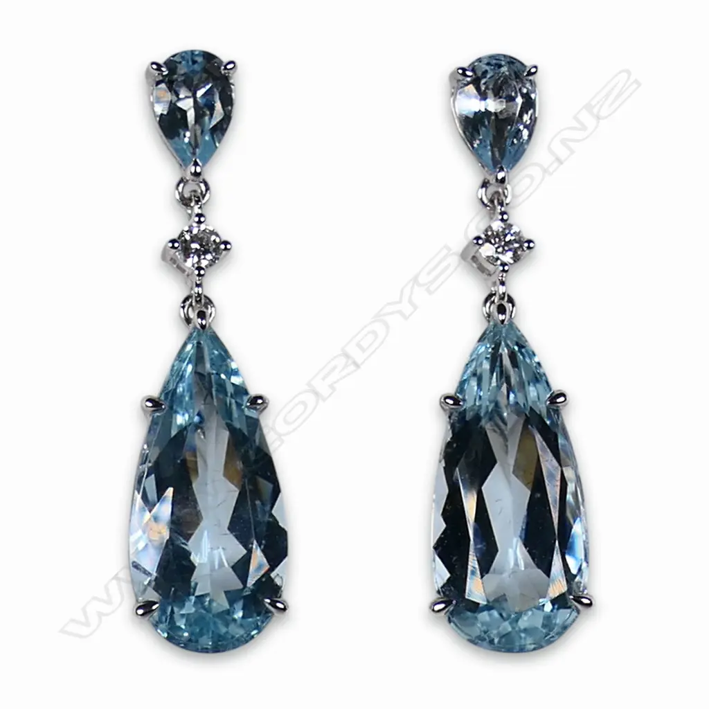A pair of 18ct white gold aquamarine and diamond drop earrings, Image 1++