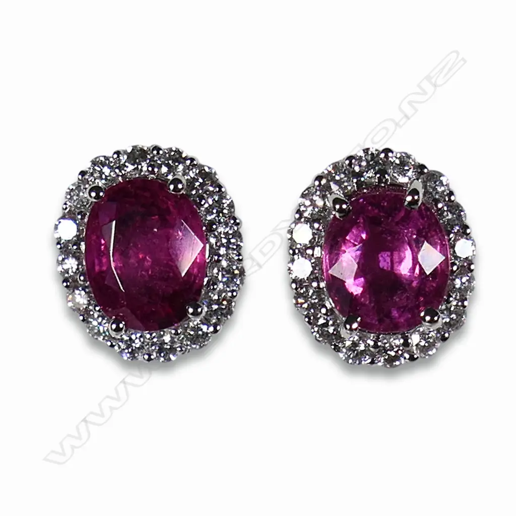 A pair of 18ct white gold diamond and pink tourmaline stud earrings, Image 1++